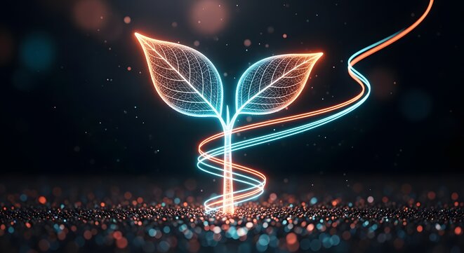 Glowing neon plant sprout with red and blue light trails spiraling around the stem