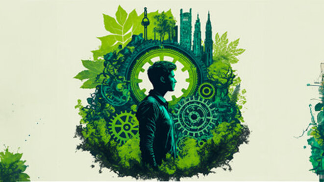 A tranquil view of a modern cityscape in the midst of verdant forest.