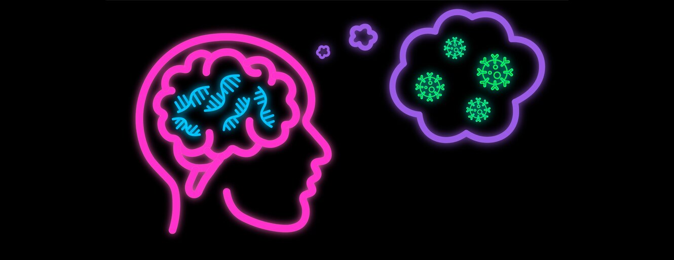 Illustration of a head and the brain from the side thinking of immune cells