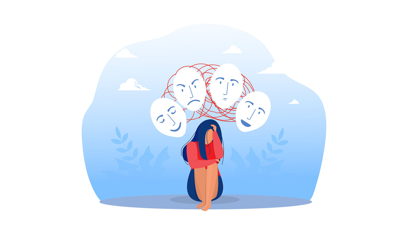 Cartoon of person with different emotions depicted over head from happy to angry