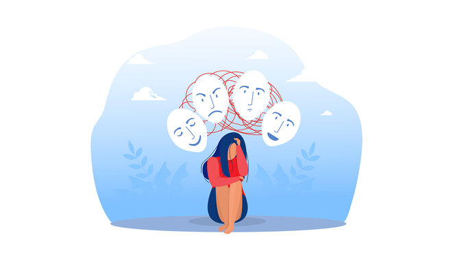 Cartoon of person with different emotions depicted over head from happy to angry