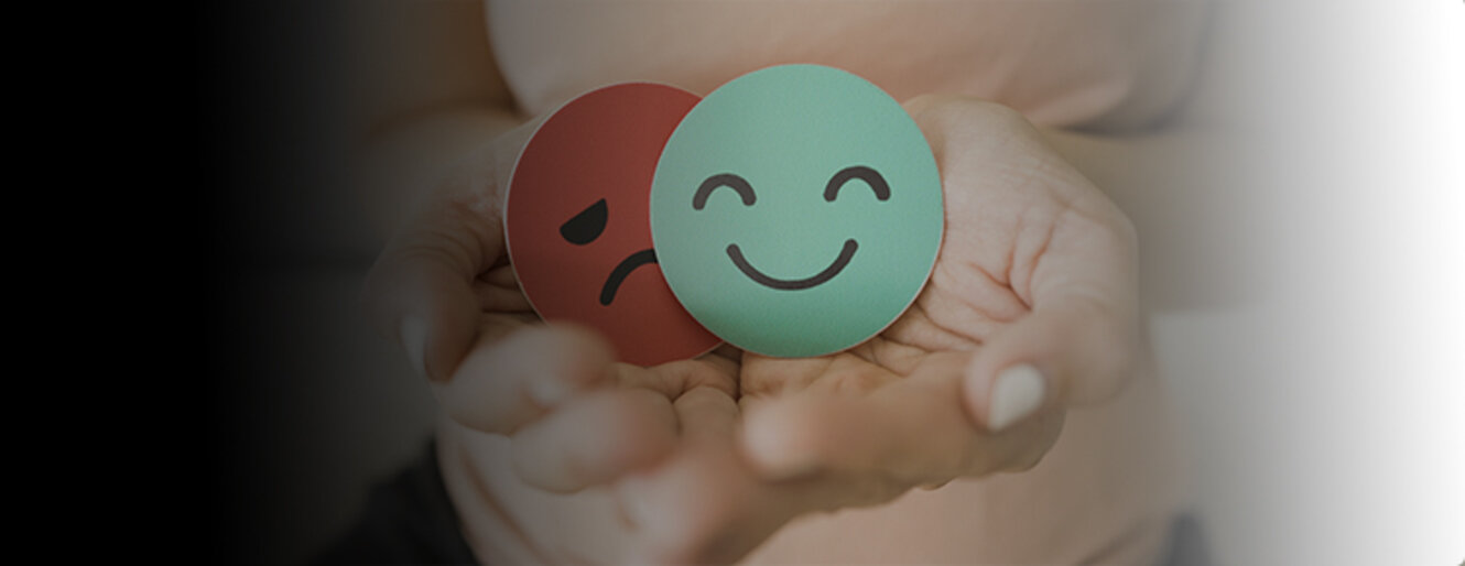 Middle age woman hands holding sad face hiding behind happy face, bipolar and depression, mental health, midlife crisis concept