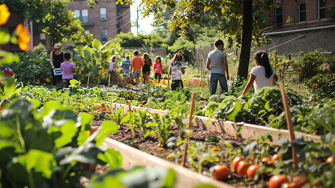 Urban community garden fostering sustainability and local involvement.
