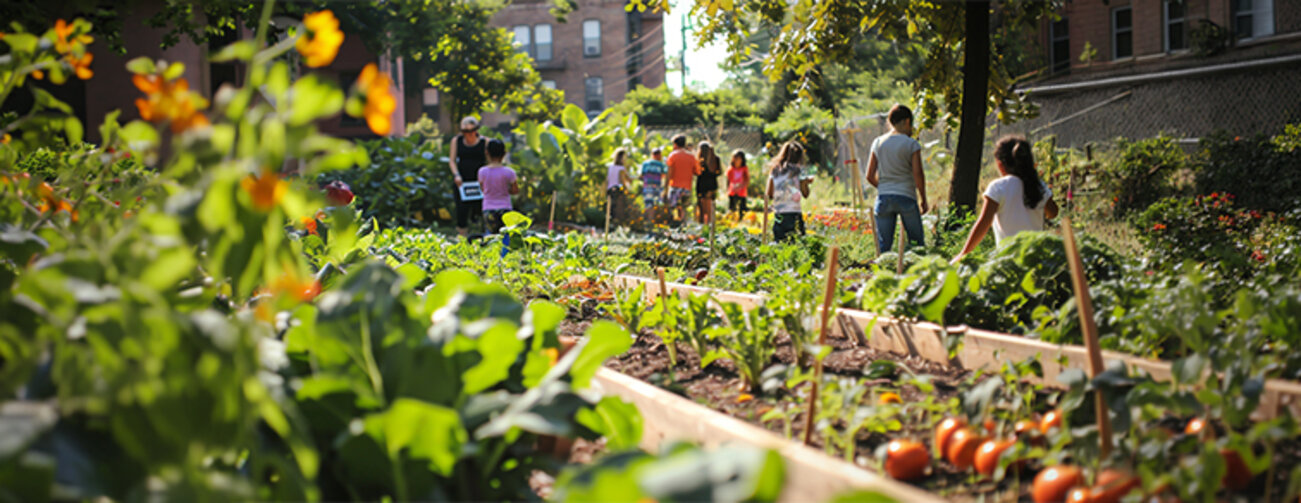 Urban community garden fostering sustainability and local involvement.