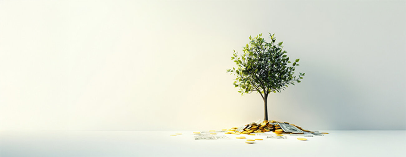 Thriving tree sprouting from abundant coins and cash