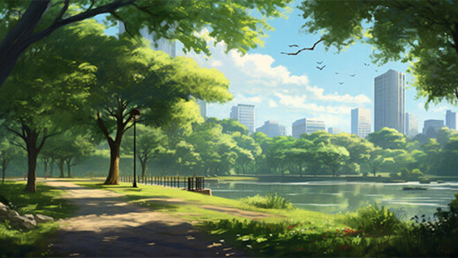 A serene green city park scene, devoid of people. The essence of urban green spaces, oases of calm amid bustling city life.