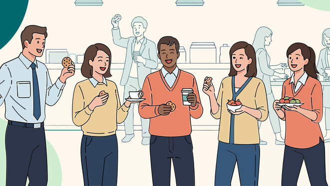 Cartoon of business professionals enjoying break time with coffee and cookies