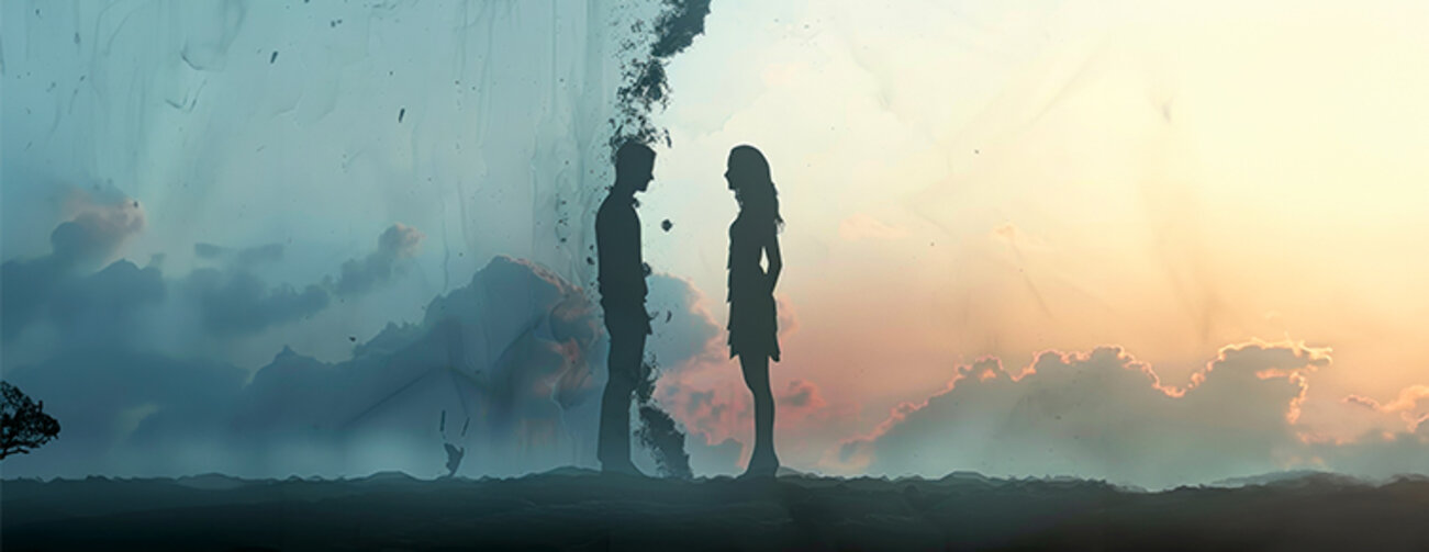 Broken Vows: Silhouetted Couple standing in front of each other, but cooler differences shows distance between them