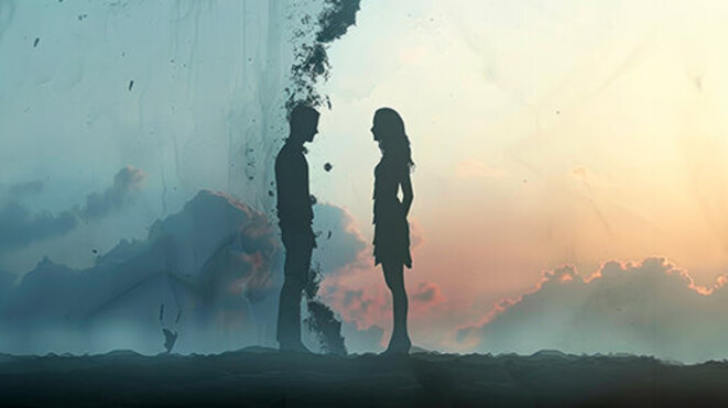 Broken Vows: Silhouetted Couple standing in front of each other, but cooler differences shows distance between them