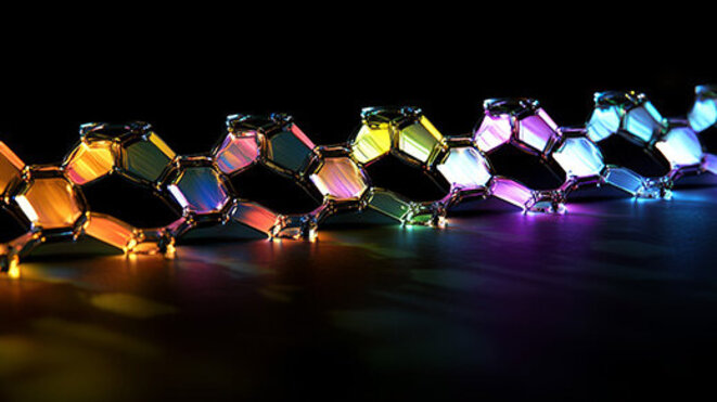 Nanophotonic Device: Hexagonal Lattice, Rainbow Colors, 3D Rendering