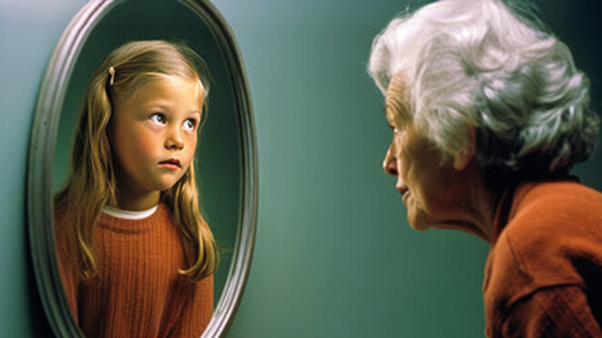 On the left: an older woman in the mirror, while a younger woman looks in; on the right: depiction of an elderly woman gazing into a mirror reflecting her younger self