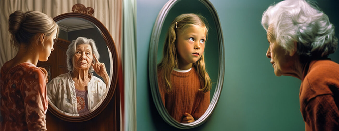 On the left: an older woman in the mirror, while a younger woman looks in; on the right: depiction of an elderly woman gazing into a mirror reflecting her younger self