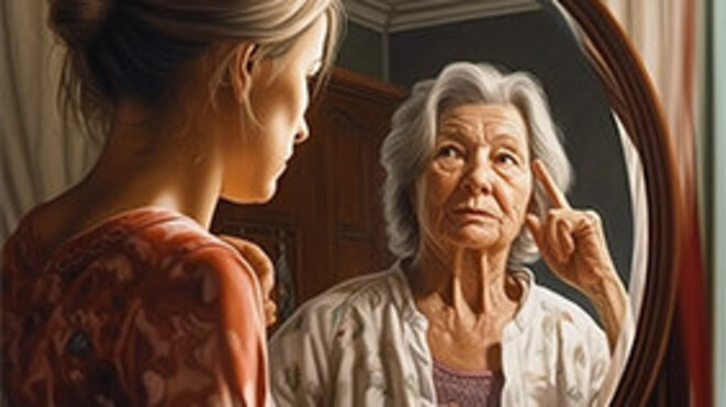 On the left: an older woman in the mirror, while a younger woman looks in; on the right: depiction of an elderly woman gazing into a mirror reflecting her younger self