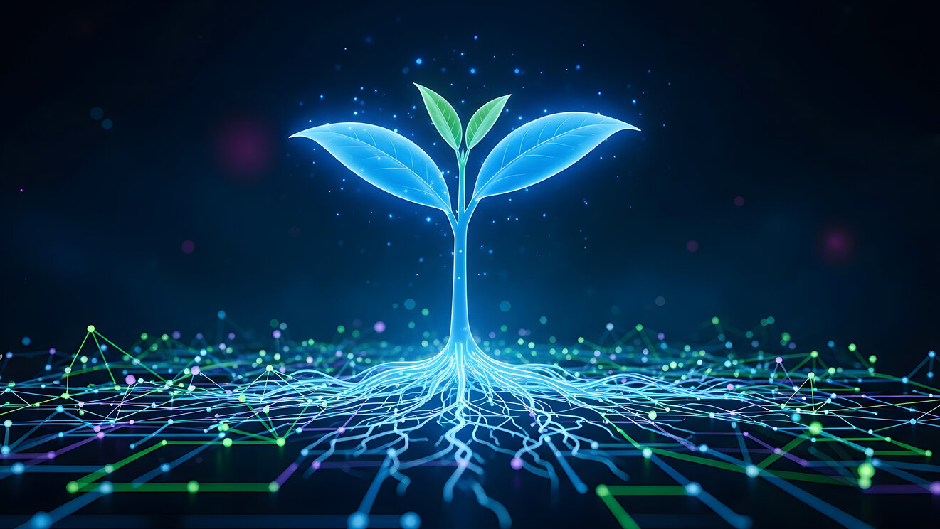Glowing blue seedling with roots spreading over a futuristic geometric network. Plant biotechnology and genetic engineering research.