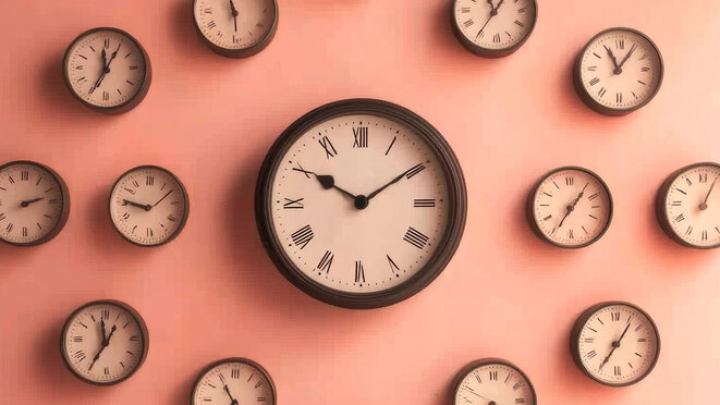 An artistic arrangement of multiple wall clocks displayed against a softly lit wall, showcasing the passage of time and vintage aesthetics