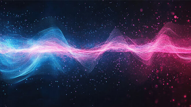 image of abstract illustration of pink blue frequency signal waves as particles passing in medium against dark background, high quality image