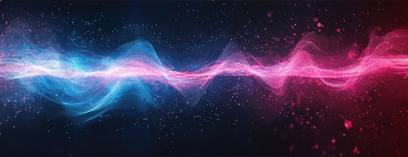 image of abstract illustration of pink blue frequency signal waves as particles passing in medium against dark background, high quality image