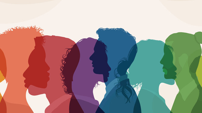 Silhouettes of a Diverse Group of people from the side. Community of colleagues or collaborators. 