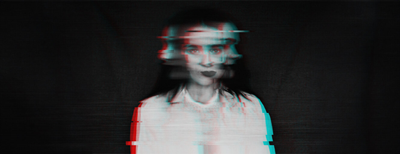 black and white blurred abstract portrait of a girl with mental disorders and schizophrenia with a glitch effect