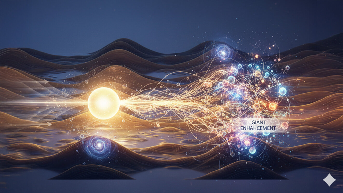 Visualisierung der "Riesenverstärkung der Diffusion", wo Rauschen den Teilchentransport in einer hügeligen Landschaft beschleunigt.