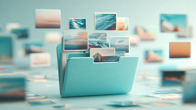 Folder with floating images representing data organization and digital files