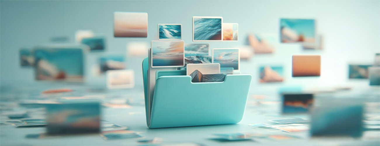 Folder with floating images representing data organization and digital files 