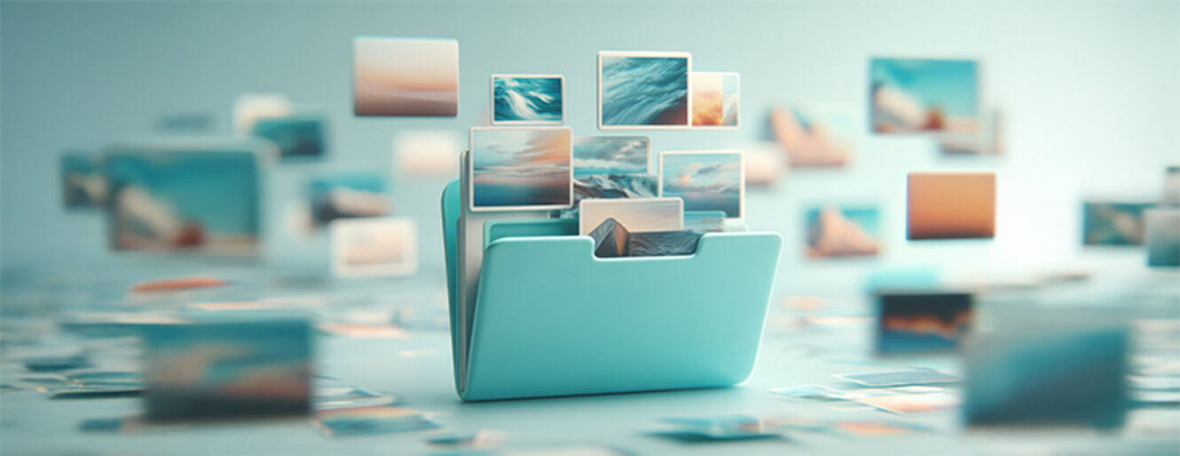 Folder with floating images representing data organization and digital files 