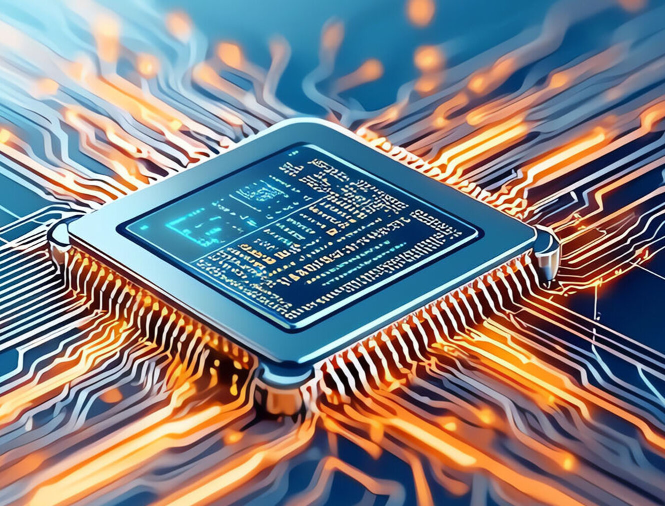 A futuristic microchip with glowing connections, symbolizing advanced technology and innovation in computing.