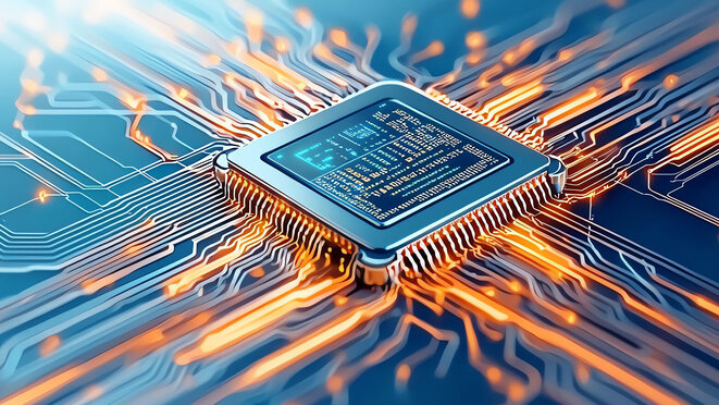 A futuristic microchip with glowing connections, symbolizing advanced technology and innovation in computing.