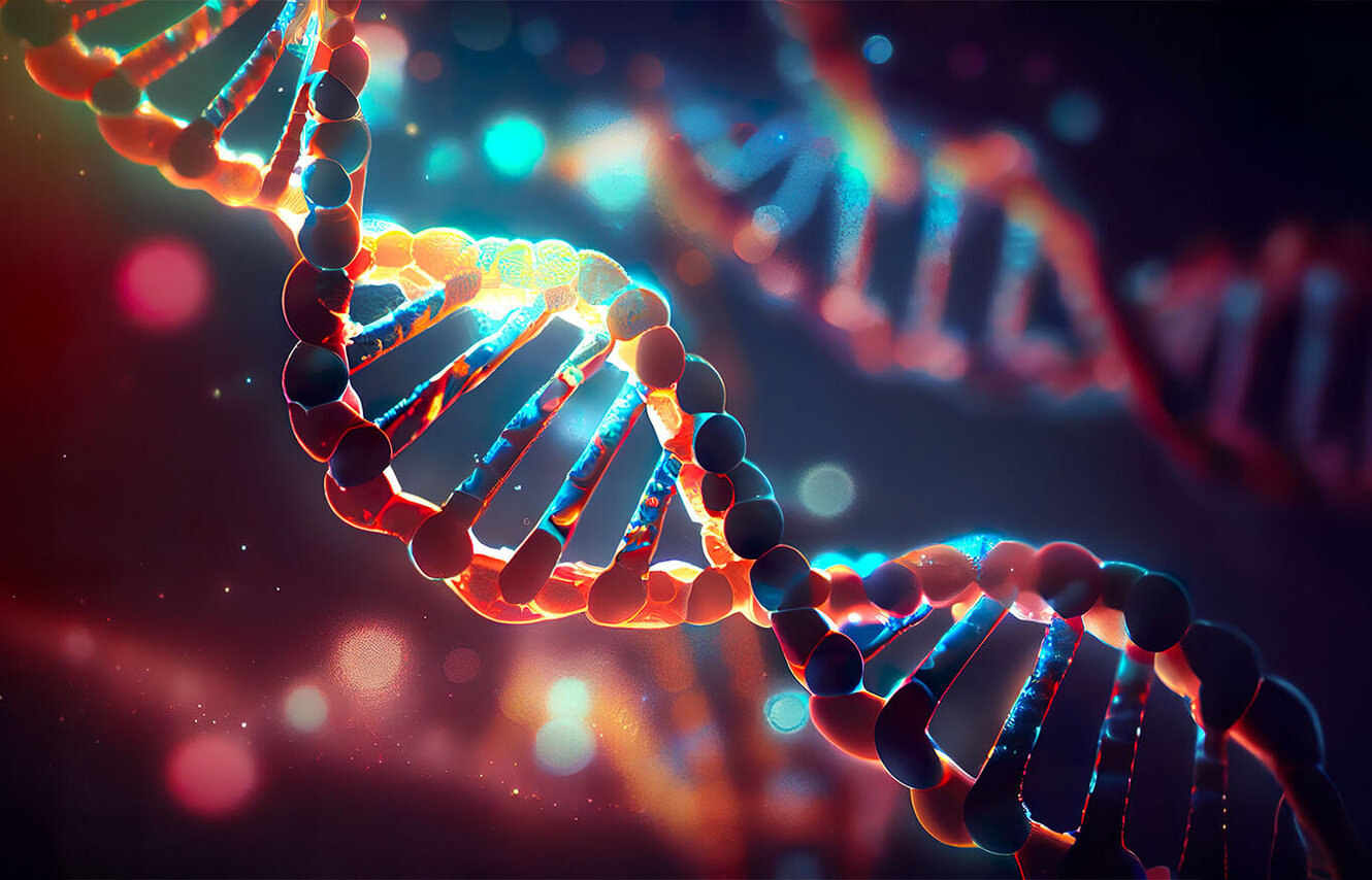 Dna helix enlarged model in bright colors and spots, Generative AI