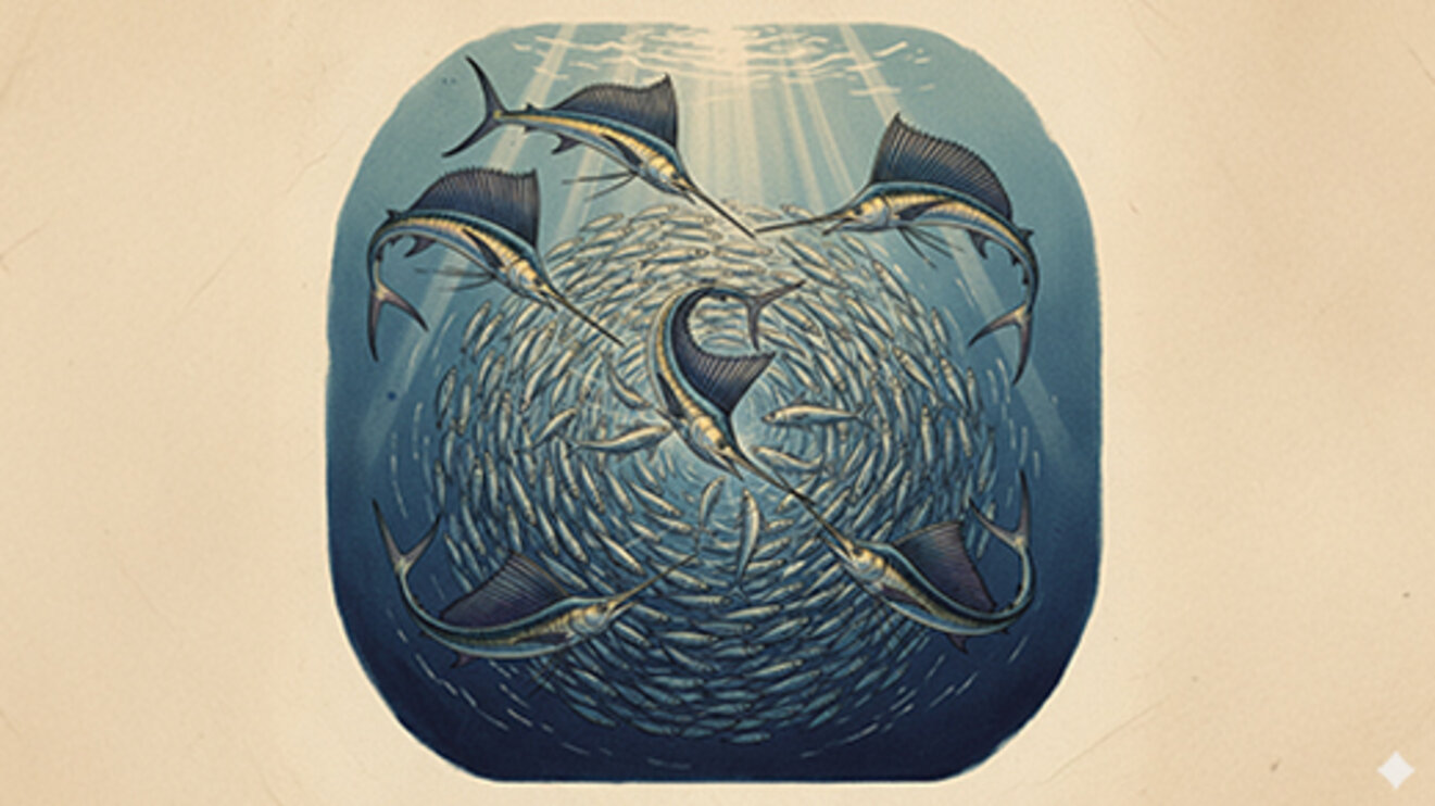Illustration visualizes the concept of proto-cooperation - simultaneous, yet uncoordinated, attacks of multiple Sailfish on a massive Sardine bait ball.