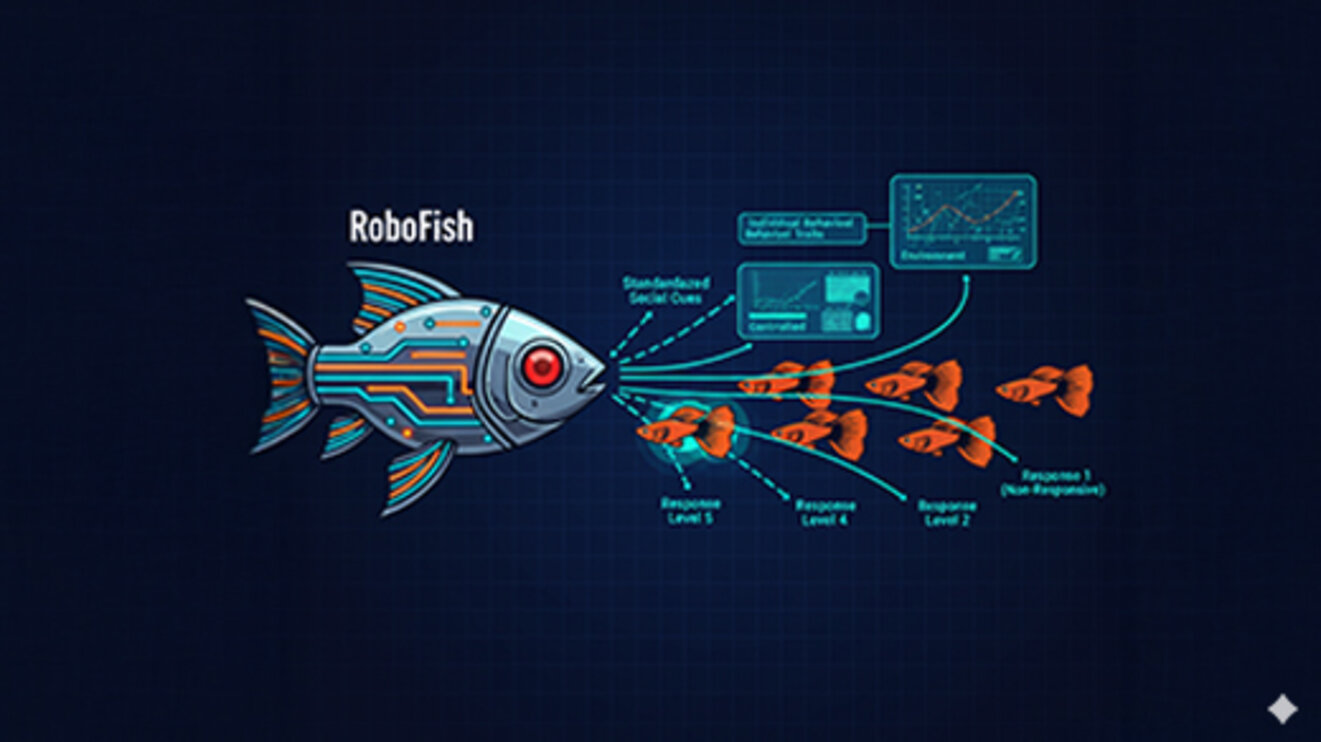 A Retro Sci-Fi diagram illustrates the core mechanism of social responsiveness. The biomimetic RoboFish, depicted with bold schematic lines, emits standardized social cues, while the live guppies display consistent individual differences in their reactions.