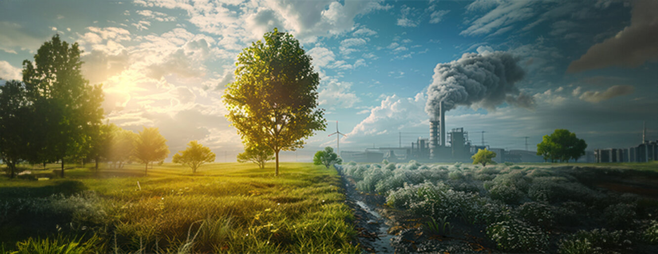 An illustration illustrating a green tree and meadow with clear air in comparison to a factory emitting pollution and its impact on climate change.