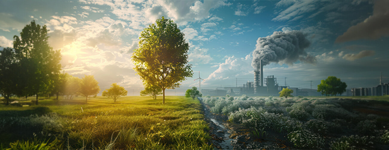 An illustration illustrating a green tree and meadow with clear air in comparison to a factory emitting pollution and its impact on climate change.