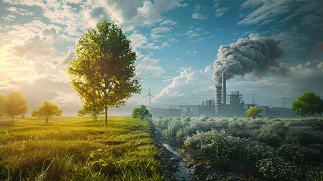 An illustration illustrating a green tree and meadow with clear air in comparison to a factory emitting pollution and its impact on climate change.