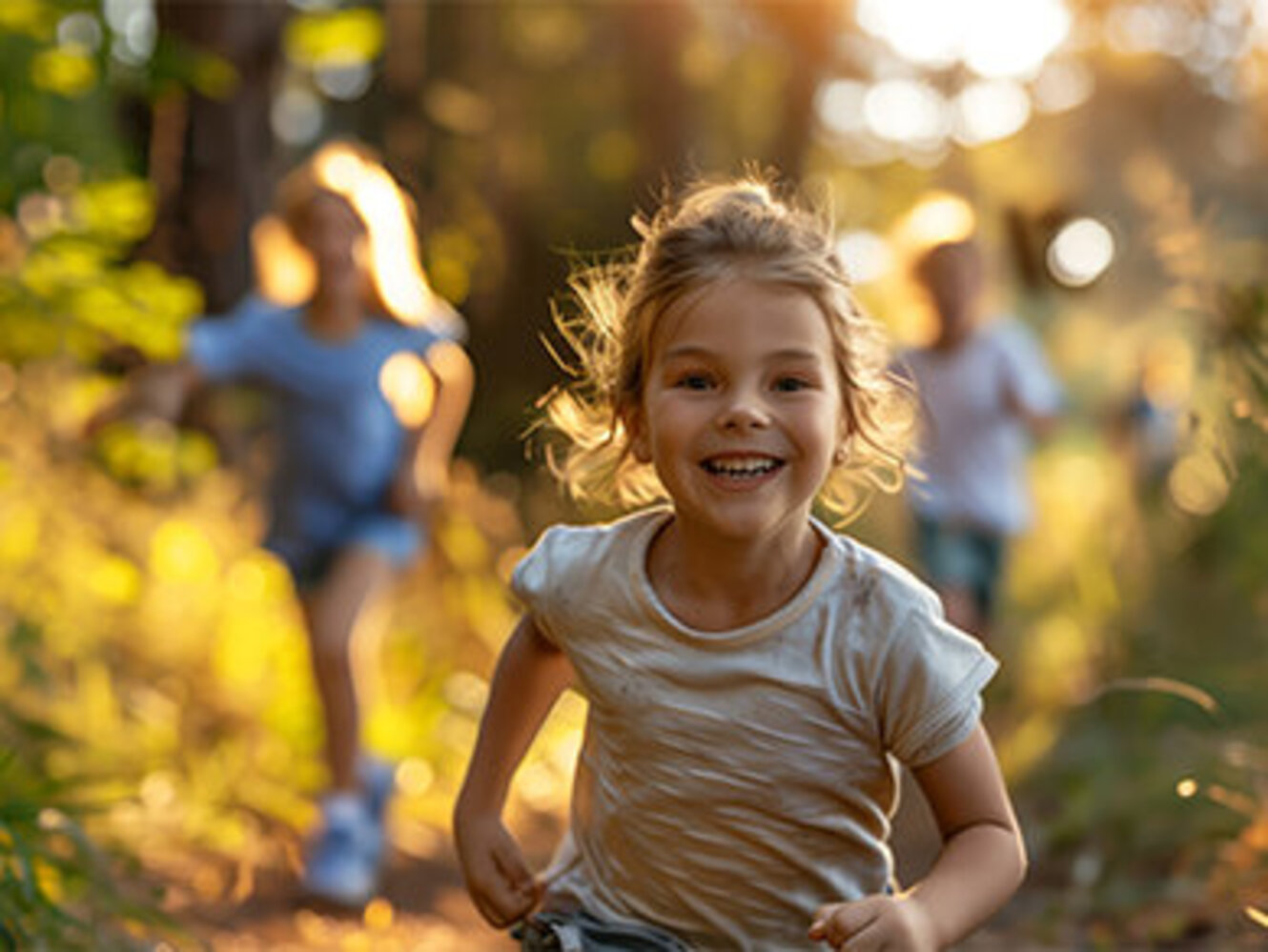 A young girl runs away from her friends in the forest at the golden hour in a spirited game of tag. AI generated