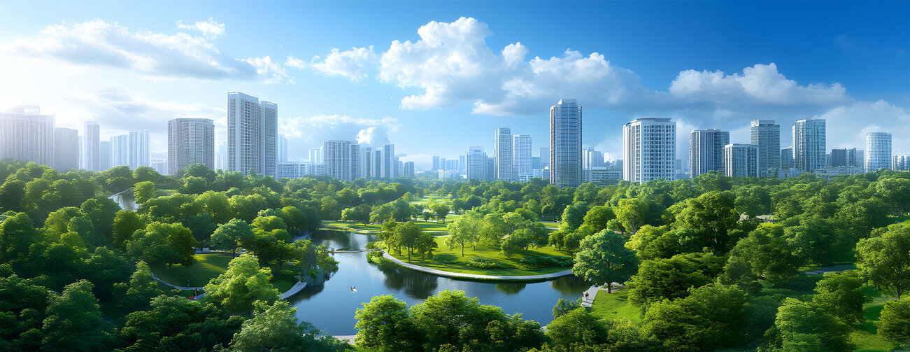 Air pollution reduction in a green city with fresh air and urban parks. 