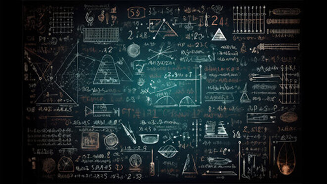 Chalkboard inscribed with scientific formulas and calculations in physics and mathematics.