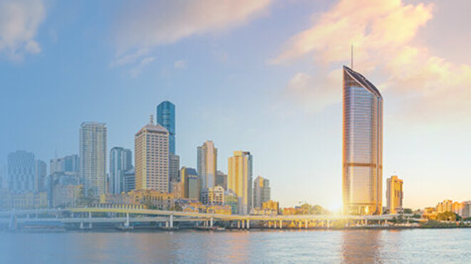 Brisbane city skyline at twilight in Australia