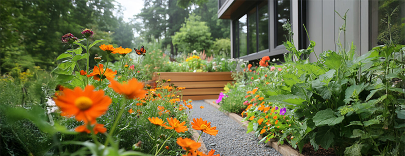 Backyard garden with multiple raised wooden garden beds filled with vibrant flowers, lush green plants, and various herbs, warm sunlight, inviting atmosphere, mix of colorful blooms. In the background