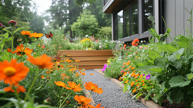 Backyard garden with multiple raised wooden garden beds filled with vibrant flowers, lush green plants, and various herbs, warm sunlight, inviting atmosphere, mix of colorful blooms. In the background