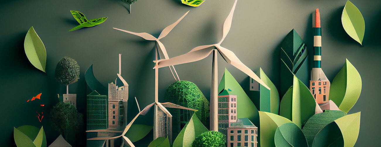 Mock up green city layout with paper, alternative energy. Generative AI. 