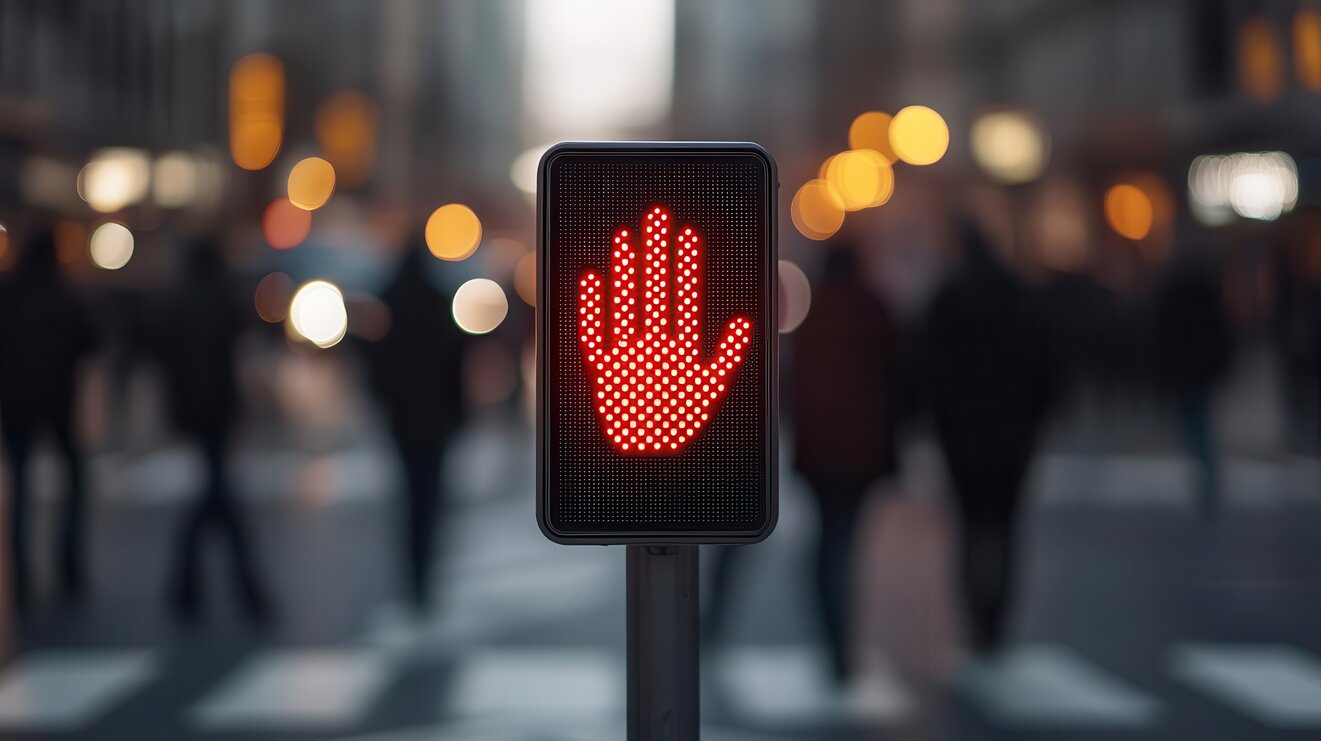 Pedestrian crossing signal showing a red hand to stop, with people crossing the street in perpendicular direction.