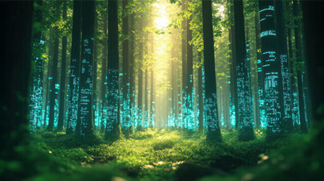Glowing forest of data pillars replaces trees, growing green leaves and grass.
