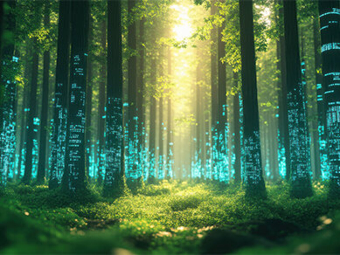 Glowing forest of data pillars replaces trees, growing green leaves and grass.