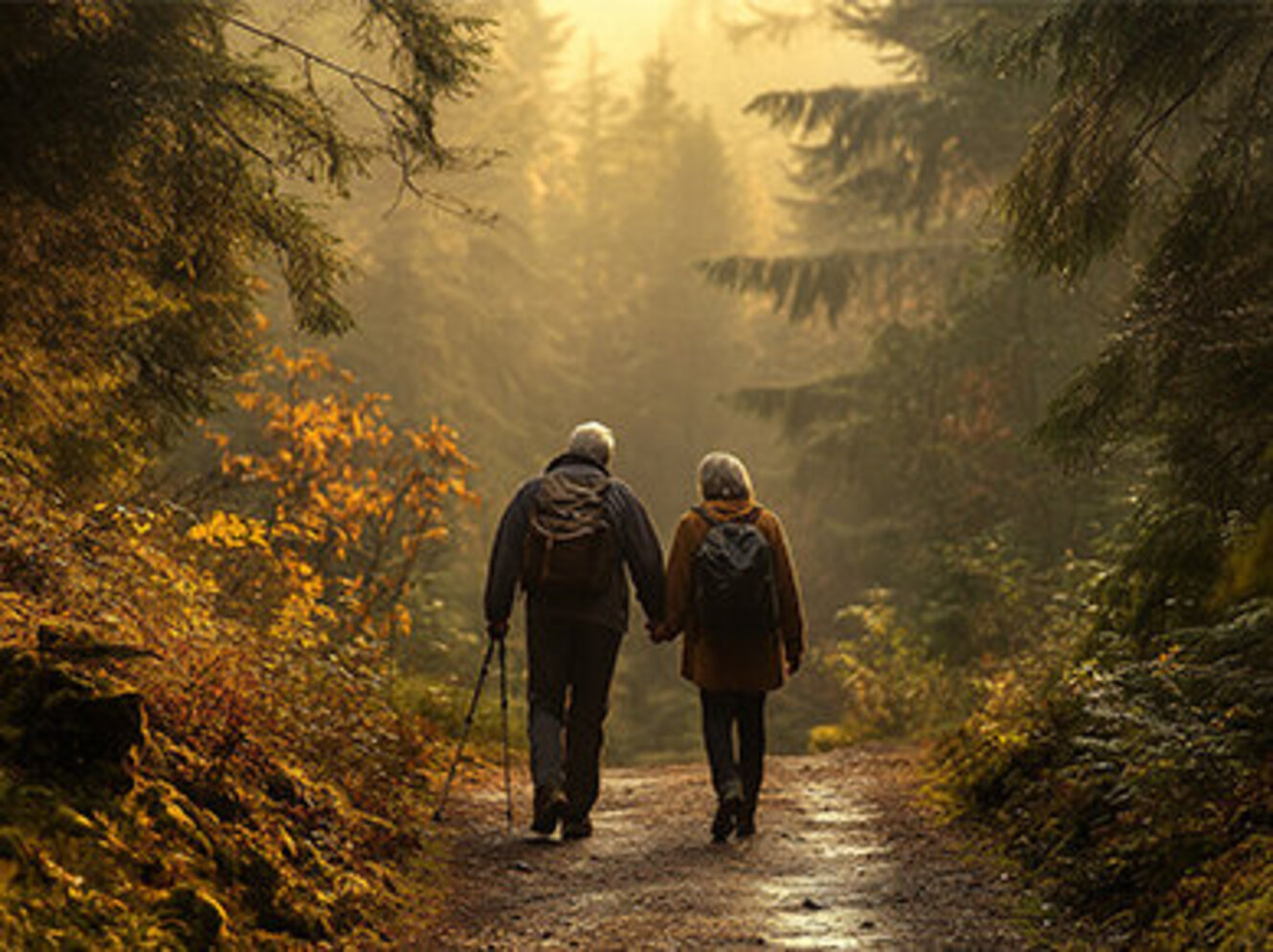 Elderly couple hiking a misty forest path in autumn