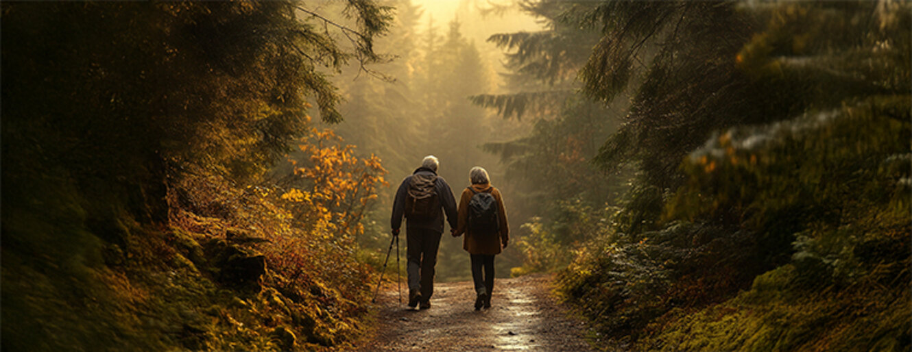 Elderly couple hiking a misty forest path in autumn