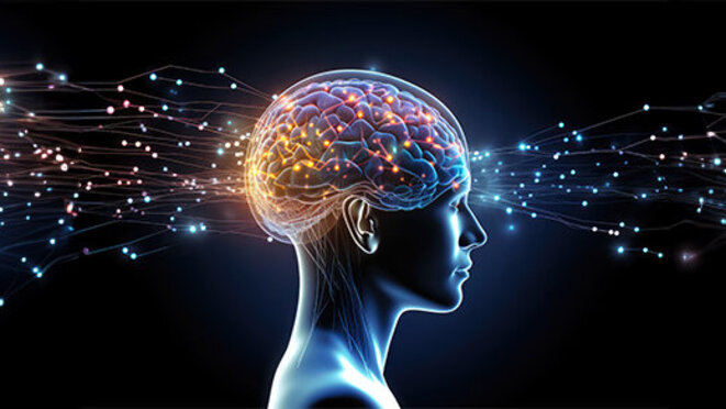 Brain, tapestry of polychromatic neurons, artistic conceptual visual mapping. Luminous thought sparkle, creating opalescent brilliance of whimsical creativity.