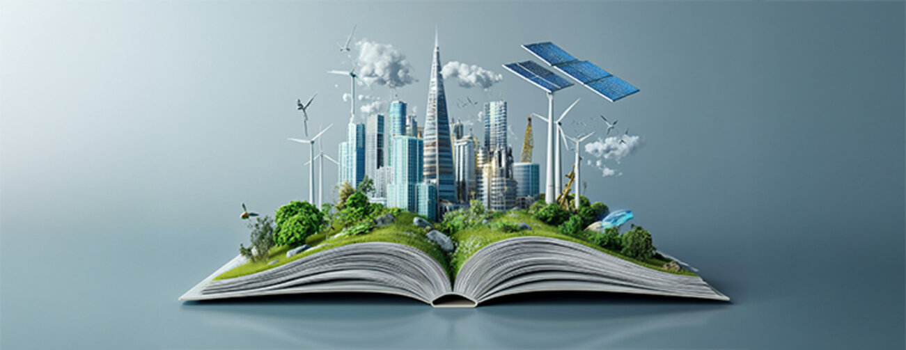 Sustainable Cityscape Emerging from Open Book with Green Energy Resources