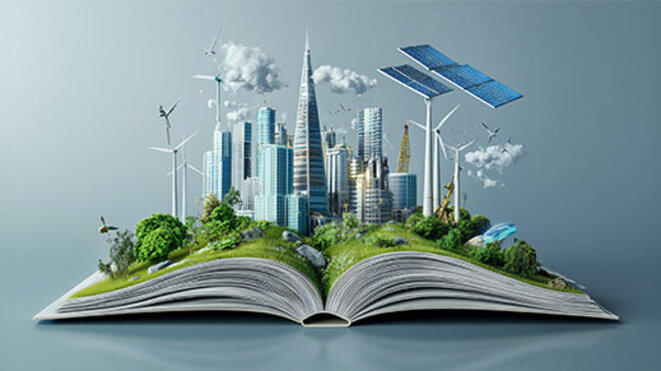Sustainable Cityscape Emerging from Open Book with Green Energy Resources